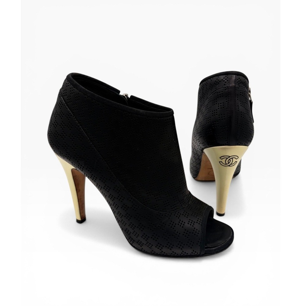 Chanel CC Heel Peep Toe‎ Booties COA 37.5 Black Gold Perforated Leather 4" BOX